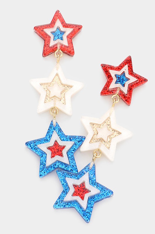 USA Glittered Triple Star Dangle Earrings