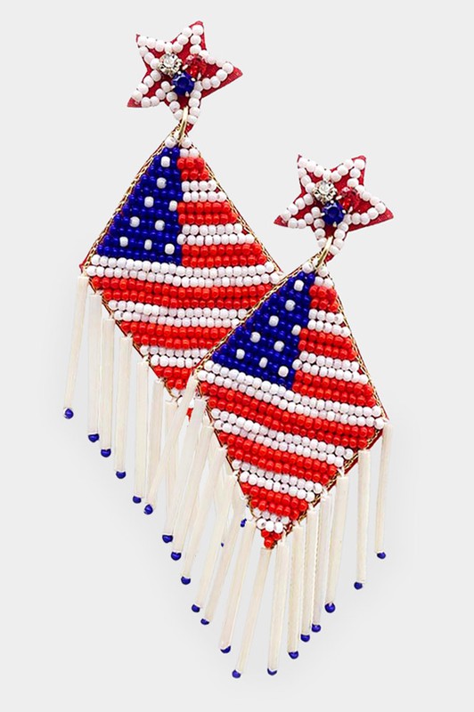 American USA Flag Seed Bead Fringe Earrings