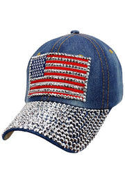 American Flag Embroidered Rhinestone Denim Cap