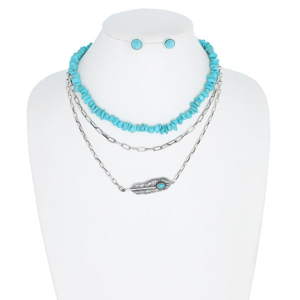 Layered Turquoise Stone Chain Pendant Necklace and Earring Set