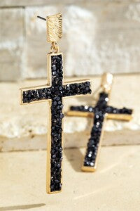 Black Resin Stone Cross Earrings