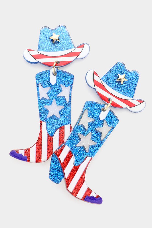 USA American Flag Glittered Hat Western Boots Earrings
