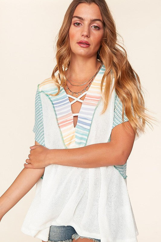 Laced Up V-Neck Color Block Top