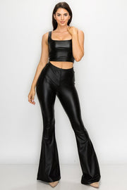 Black Faux Leather Flare Bottom Pants