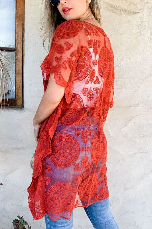 Rust Lace Kimono Cover Up