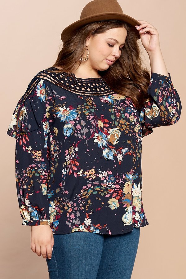 Plus Navy Floral Lace Trim Ruffle Sleeve Top
