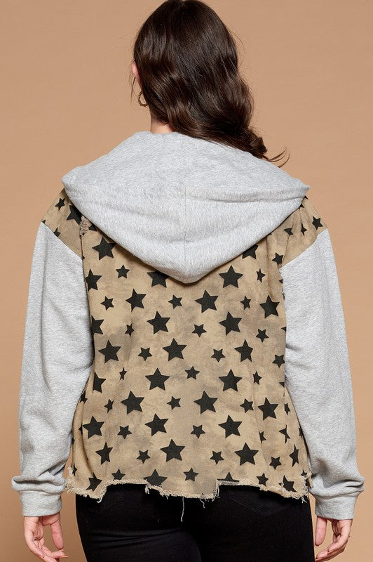 Star Print Distressed Taupe Denim Jacket