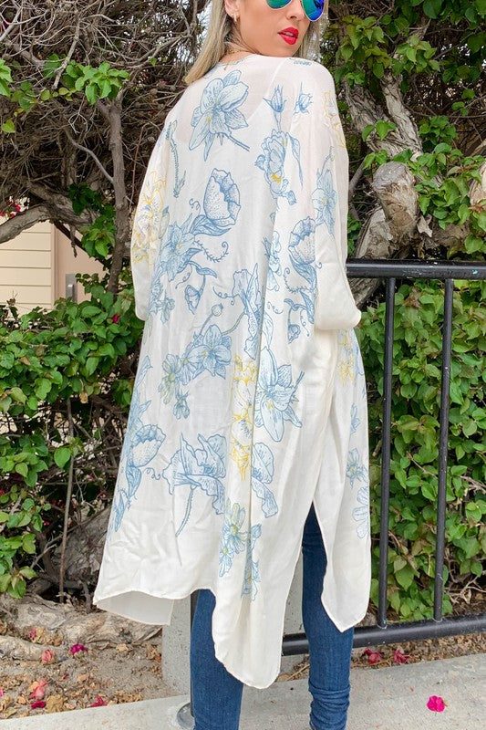 Subtle Blue Floral Print Beige Kimono