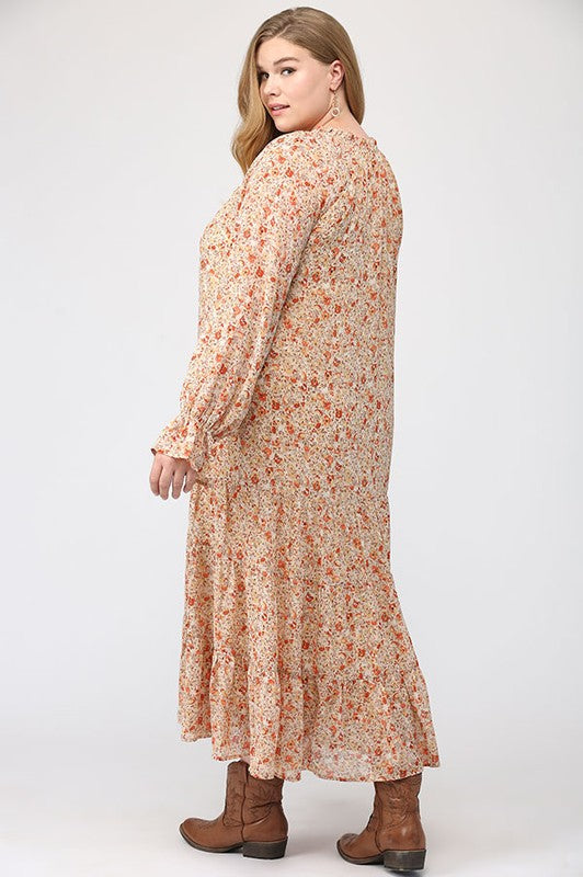 Plus Floral Chiffon Beige Long Sleeve Maxi Dress