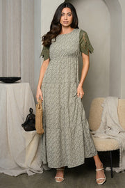 Olive Tiered Maxi Dress With Crochet Sleeves