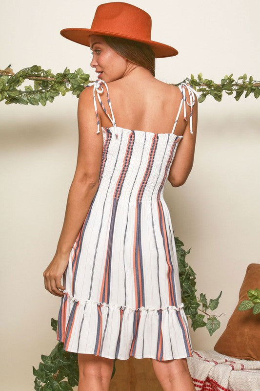 Smocked White Coral and Navy Striped Print Mini Dress