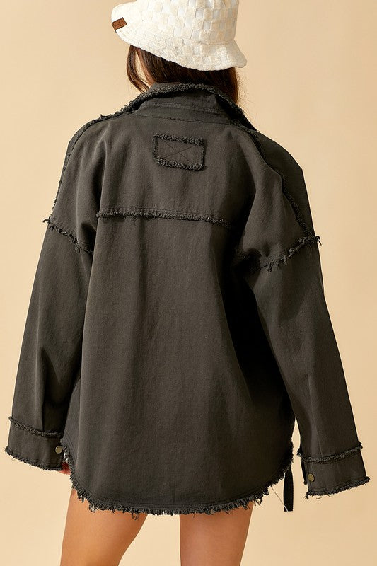 Carbon Black Oversized Frayed Snap Button Jacket