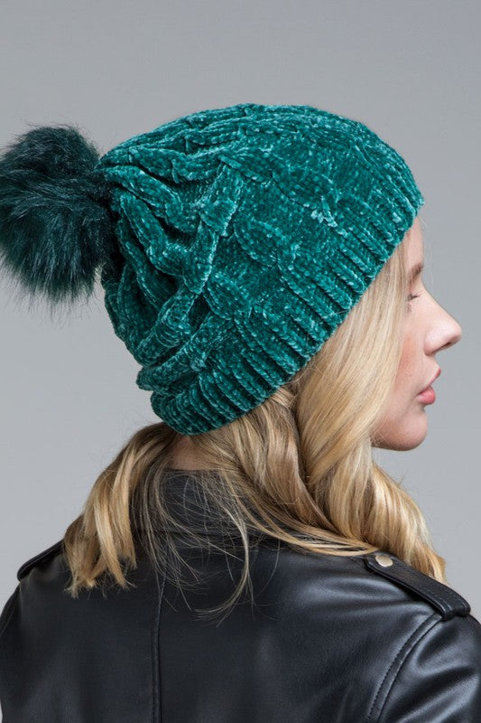 Chenille Pom Pom Beanie - Assorted Colors!