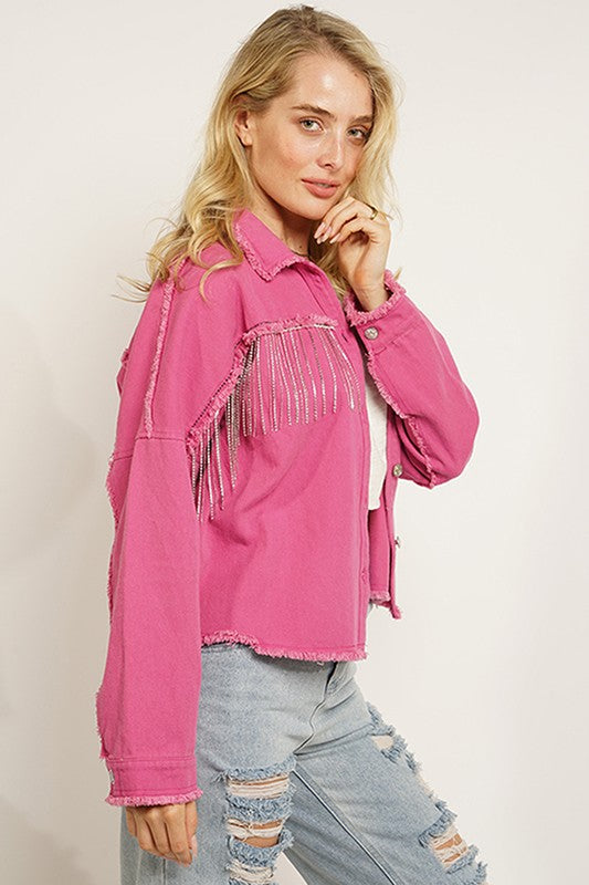 Rhinestone Fringe Cropped Denim Jacket - Pink - Style Me Boutique