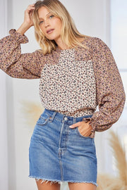 Taupe Mocha Floral Print Long Sleeve Top