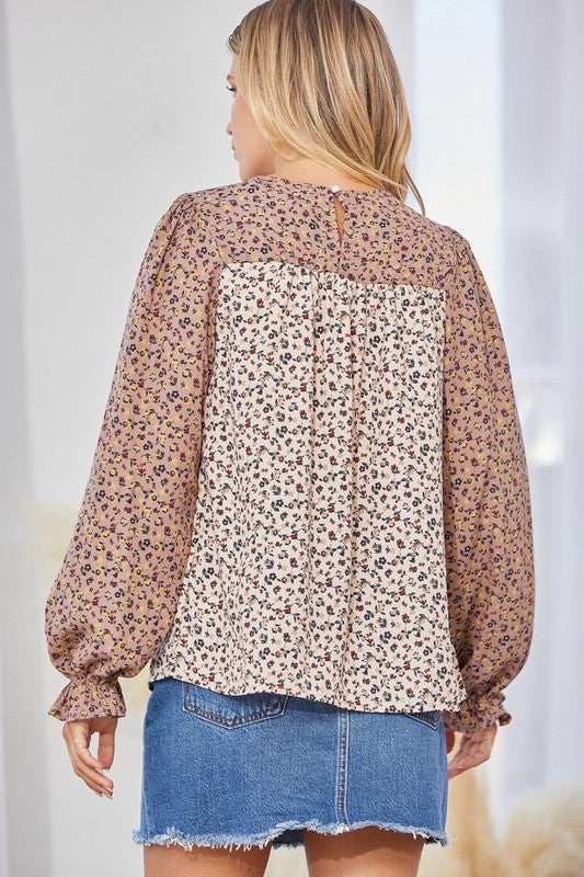 Taupe Mocha Floral Print Long Sleeve Top