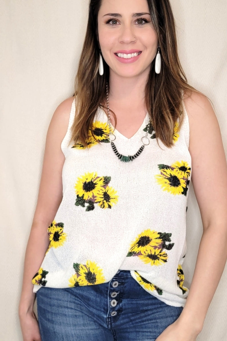 Sunflower Print Knit Tank Top