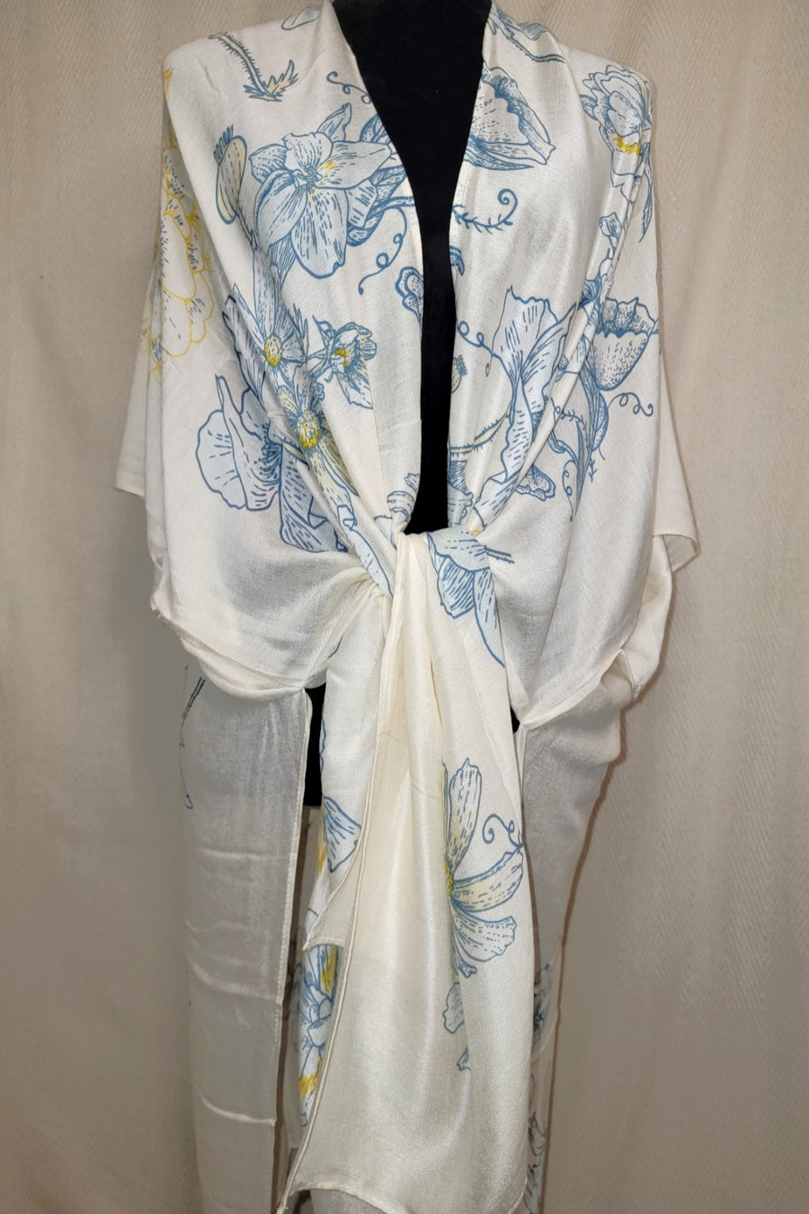 Subtle Blue Floral Print Beige Kimono