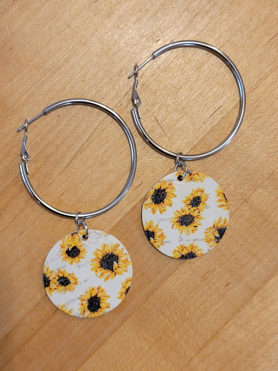 Sunflower Hoop Cork Earrings
