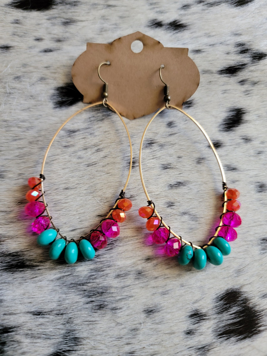 Natural Turquoise Stone and Pink Dangle Earrings - Handmade