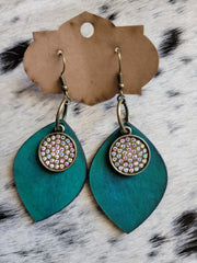Green Leather Drop Earrings - Handmade