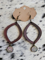 Brown Oval Leather Dangle Earrings - Handmade