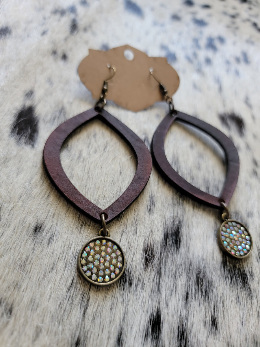 Brown Oval Leather Dangle Earrings - Handmade