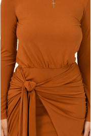 Caramel Brown Tie-Front Long Sleeve Mini Dress