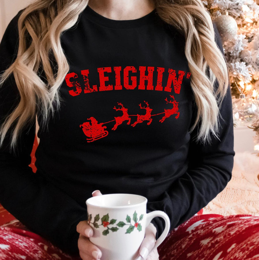 Sleighin' Santa Christmas Long Sleeve Graphic Shirt