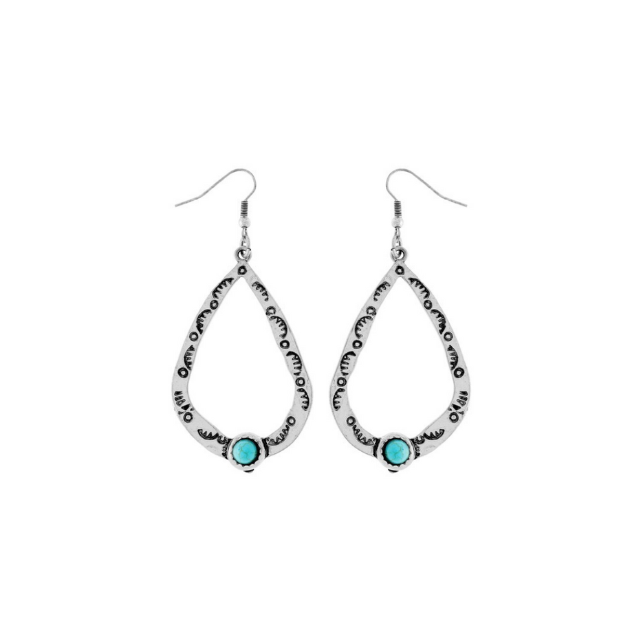 Stamped Silver and Turquoise Teardrop Earrings