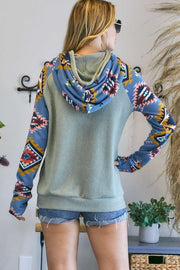 Double Hood Sage Aztec Sleeve Sweater Top