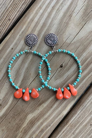 Turquoise and Coral Concho Hoop Earrings - Handmade