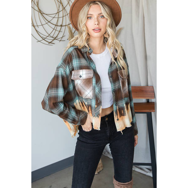 Cropped Plaid Flannel Bleached Button Up Shirt